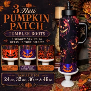 May include: A black tumbler featuring a repeating jack-o'-lantern pattern with glowing orange eyes and mouths. The base is fitted with a purple silicone boot displaying a carved pumpkin face. Text includes 3 NEW PUMPKIN PATCH TUMBLER BOOTS.