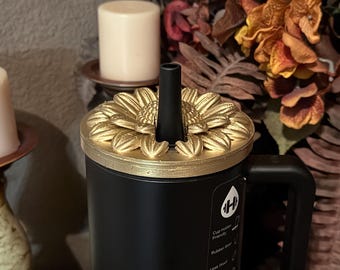 Gold Blooms Tumbler Boot or Lid Topper, Black Gold Flower Cup Sleeve, Hydrojug Accessories, Unique Gift
