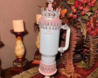 Spring Pink Iridescent Rhinestone Princess Accessories for Stanley tumblers, Princess Crown Topper Bling Bangle Band or rose topper