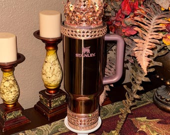 Polished Rose Gold Flat Fancy Rhinestone Tumbler Princess Collection, Stanley tumbler accessories, Crown Halo Boot Straw Topper Bow