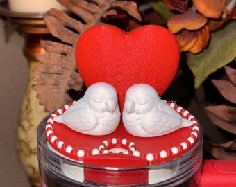 Valentine Love Birds Heart Tumbler Topper, Red White, for 20 30 40 oz Stanley Quencher, 3D Decorative Lid minimalist unique gift