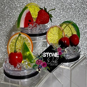 Fruit Tumbler Toppers that fit the 20 oz and 30 oz  Skinny tumblers - Fruit Topped Tumbler Toppers, 3D fruit lids, unique gift