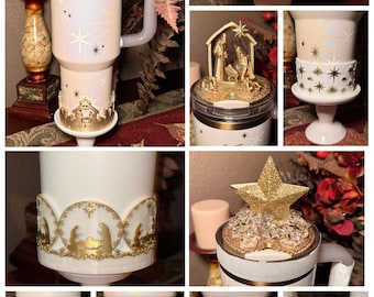 Gold White Nativity Scene Jesus Mary, Tumbler Boot or toppers, star handle charms, Stanley Tumbler Accessories, Starlight Shimmer