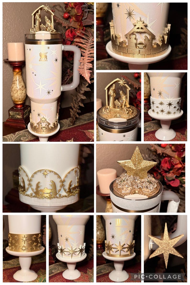 Gold White Nativity Scene Jesus Mary, Tumbler Boot or toppers, star handle charms, Stanley Tumbler Accessories, Starlight Shimmer image 1
