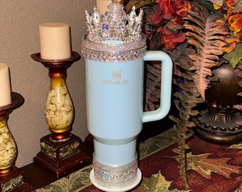 Flat Fancy Irridescent Rhinestone Tumbler Princess Collection, Stanley accessories, unique gift Crown Halo Boot Straw Topper Bow BEST SELLER
