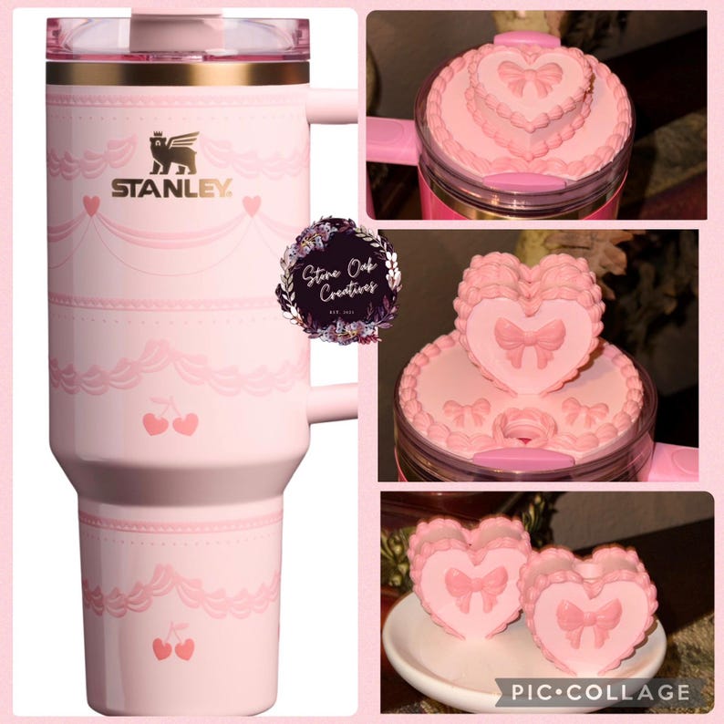 May include: A pink Stanley travel mug with a gold rim and handle, adorned with a cherry and lace design. The mug displays the Stanley logo and a heart-shaped lid. Additional images show heart-shaped toppers.