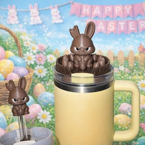 Grumpy Angry Chocolate Easter Bunny lid topper or Straw Cap Topper, for 40 oz Stanley tumblers, unique minimalist gift accessories