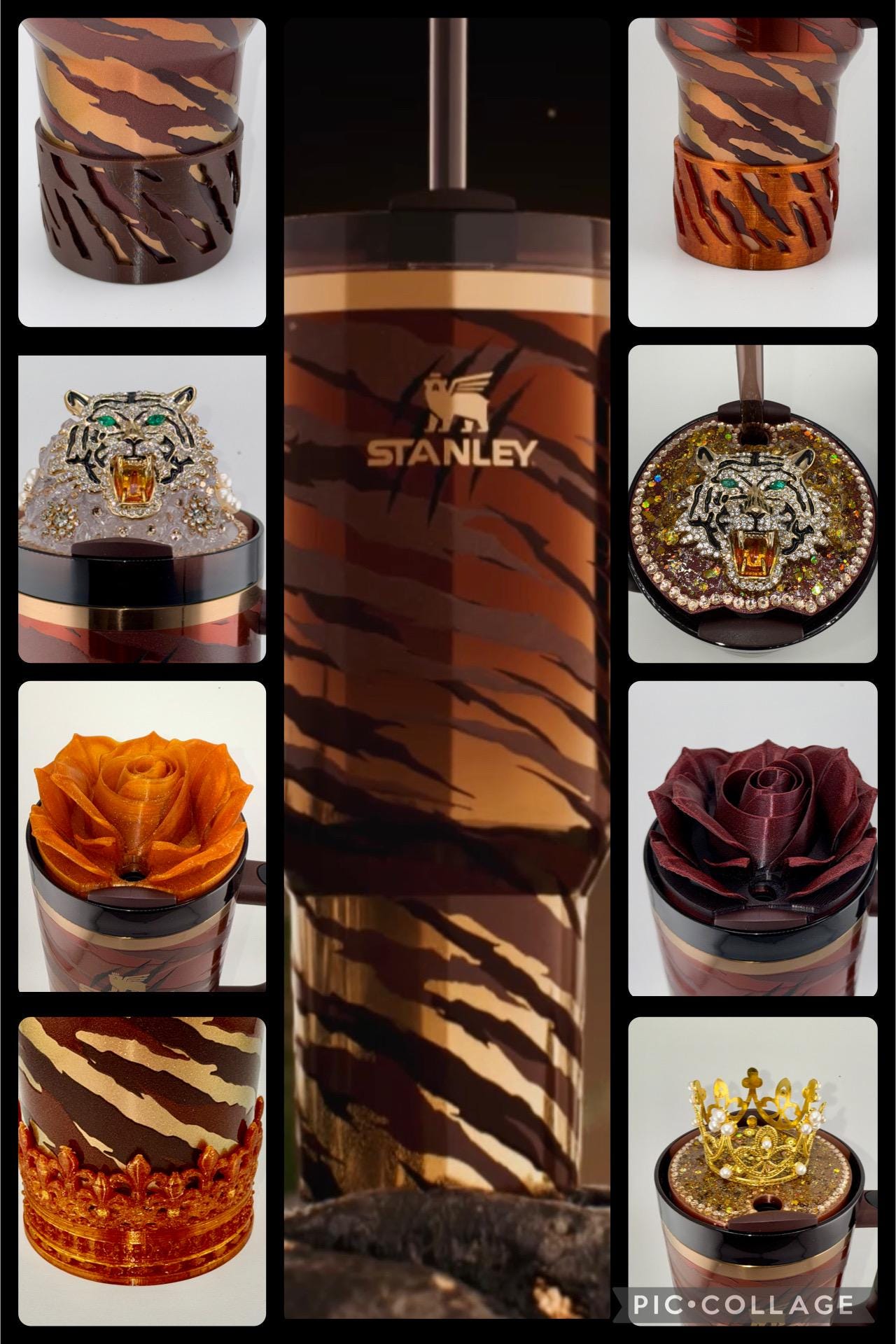 Tiger Stripe Tumbler Boot, Rhinestone Tiger Topper, Gold Crown Topper, fits your 40 oz Stanley Tumblers, Unique Gift, LIMITED SUPPLY