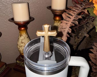 Cross Straw Topper, Gold or Silver, fits Stanley Tumbler straws 10 mm diameter, Unique Gift