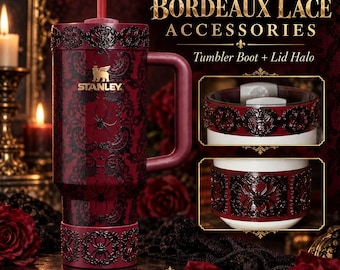Bordeaux Lace Tumbler Accessories | Victorian Gothic Stanley 20, 30 or 40 oz Boot, Lid Halo, Rose Topper, Spider Straw Charm | Cup Gift