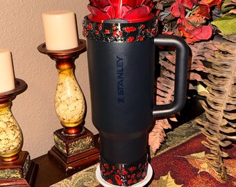 Black Midnight Ruby Floral tumbler boot, for Stanley 1913 x JENNIE collection 20 30 or 40 oz Tumblers, red rose black tips, Unique gift