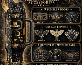 Black Magic Moth Spellcaster Tumbler Boot, Halo, lid topper, straw topper, gothic accessories black with gold accents, for Stanley Tumblers