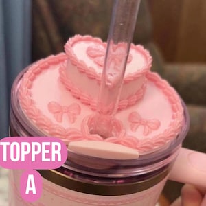 Pink Velvet Valentine Cake Heart Tumbler Lid Toppers, Straw Topper Slider Buddy, fits 20 30 or 40 oz Stanley Cake Lid Topper (A)