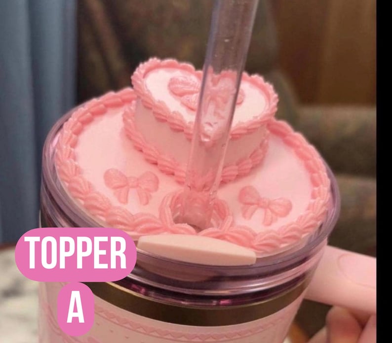 Pink Velvet Valentine Cake Heart Tumbler Lid Toppers, Straw Topper Slider Buddy, fits 20 30 or 40 oz Stanley Cake Lid Topper (A)
