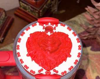 Valentine Rose Heart Tumbler Topper, Red White Pink, for 20 30 40 oz Stanley Quencher, 3D Decorative Lid minimalist unique gift
