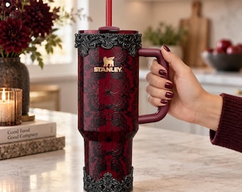 Black Ornate Scroll Lace Tumbler Accessories | Victorian Gothic, fits Stanley Bordeaux Lace 20, 30 or 40 oz Boot, Lid Halo, Elegant Cup Gift