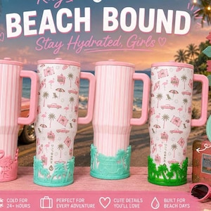 May include: Four tall insulated tumblers with handles, featuring pink and white vertical stripes or a beach-themed pattern with palm trees, flamingos, and cars. Each tumbler has a colorful silicone boot at the base in pink, teal, or green.