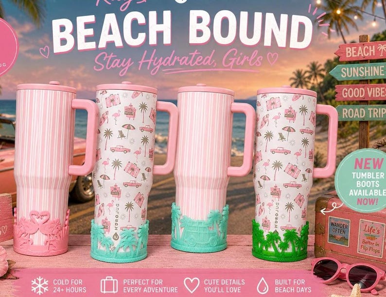 May include: Four tall insulated tumblers with handles, featuring pink and white vertical stripes or a beach-themed pattern with palm trees, flamingos, and cars. Each tumbler has a colorful silicone boot at the base in pink, teal, or green.