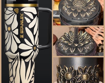 Wild Blooms Tumbler Boot or Pro Tour Lid Topper, Black Gold Flower Cup Sleeve, Stanley Accessories, Unique Gift