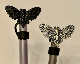 Enamel Black or silver Death Head Moth Straw Cap, for the Deadly Damask Stanley 20 30 or 40 oz Tumblers, unique gift Halloween accessories
