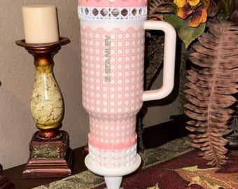 White Rattan Pink Gingham Scalloped Trim Tumbler Accessories, Lid Topper, Boot, halo, For Stanley amd HydroJug Tumblers, Mothers Day Gift