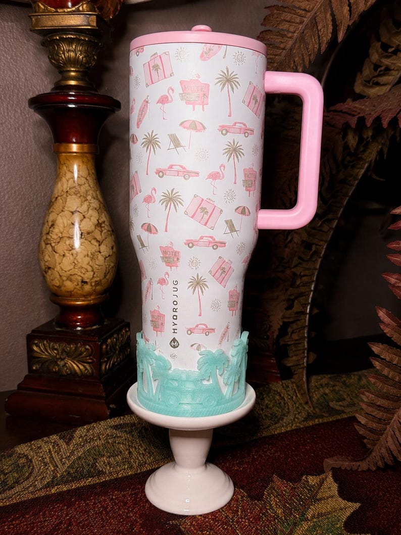 Beach Road Trip Cabana Flamingo Palm Tree Tumbler Boot, Unique Gift, Hydrojug, Stanley, multiple color image 10