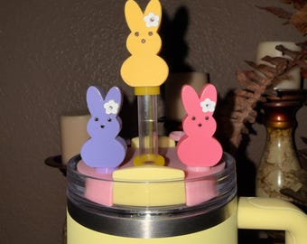 Easter Bunny, Eggs, Flowers Tumbler Topper, Spring colors, straw cap, Stanley Accessories, 3D Decorative Lid Attachment, unique gift
