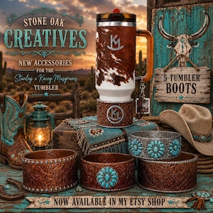 Tooled Leather and Branded Tumbler Boot, Concho Turquoise, Country Gold Horse Rodeo Cup Sleeve, fits Stanley, Coldest and HydroJug Tumblers