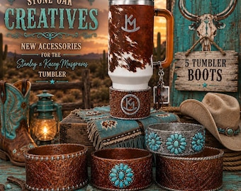 Tooled Leather and Branded Tumbler Boot, Concho Turquoise, Country Gold Horse Rodeo Cup Sleeve, fits Stanley, Coldest and HydroJug Tumblers