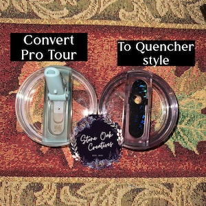 May include: Two clear tumbler lids with different designs. One lid has a light blue flip-top, and the other has a black and iridescent slider. Text reads "Convert Pro Tour" and "To Quencher style". A floral logo is also present.