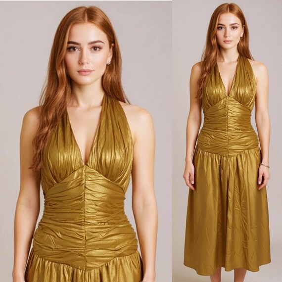 gold lame halter dress 1960s Gold Lam Seersucker Halter Gown Wayward Collection