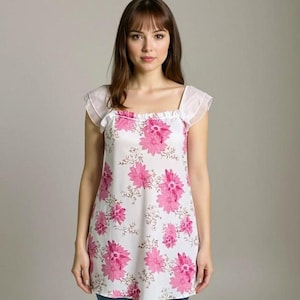 Vintage Pink Silky Satin Floral Nightgown Slip Dress Lingerie Ruffle Sleeve Nighty