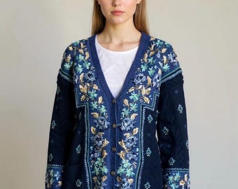 ローラ アシュレイ ヴィンテージ ウール100% ブルー フローラル コテージコア カーディガン セーター サイズ L