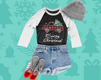 Camicia di Natale / Camicia da baseball vintage scozzese di bufalo / Buon Natale / Albero di Natale / Raglan grafico unisex / Albero coperto di neve