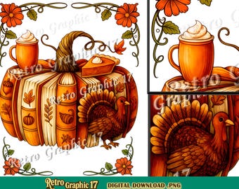 Thanksgiving Book Pumpkin PNG, Fall Coffee Turkey Design, Digital Download