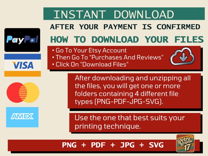 *How To Download Your Files*
Once the purchase is approved, you will have access to download the files.
To access your digital files, go to Your Account > Purchases and reviews and look for the order.
Your digital download is compressed in .ZIP folders to save space and reduce download time.  You must unzip your .ZIP folders before you can use any of the graphic files they contain.