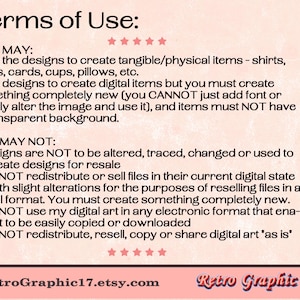 Terms of Use card, explaining what may and may not be done with the Candy Cane Alphabet set, shows the Retro Graphic 17 logo and the url for the shop:  RetroGraphic17.etsy.com
