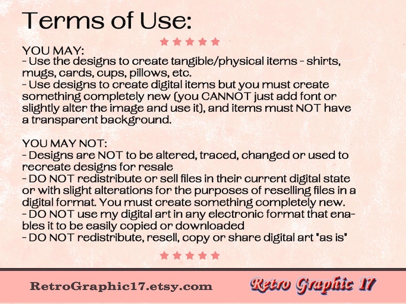 Terms of Use card, explaining what may and may not be done with the Candy Cane Alphabet set, shows the Retro Graphic 17 logo and the url for the shop:  RetroGraphic17.etsy.com