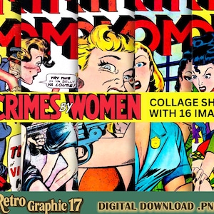 Portadas de cómics de la Edad de Oro: Crímenes cometidos por mujeres, arte pulp vintage, paquete de descarga digital, collage para diseñadores, regalo para coleccionistas de cómics.