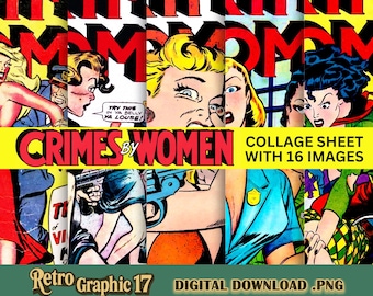 Portadas de cómics de la Edad de Oro: Crímenes cometidos por mujeres, arte pulp vintage, paquete de descarga digital, collage para diseñadores, regalo para coleccionistas de cómics.