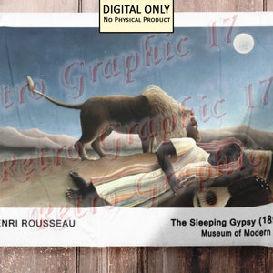 Póster de arte digital imprimible y descargable de 'La gitana dormida' de Henri Rousseau con y sin subtítulos (JPG + PDF, 8" x 13" a 36" x 4")