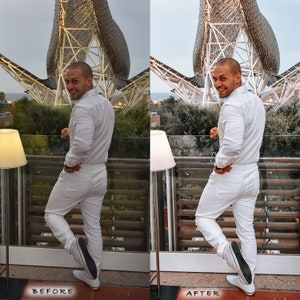 May include: A man wearing a white shirt and white trousers stands on a balcony with a large metal structure in the background. The man is looking over his shoulder and smiling. The image is split into two sections, with the left side showing the image before editing and the right side showing the image after editing.