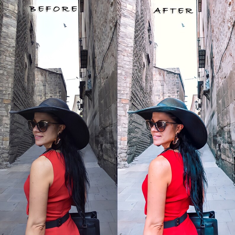 May include: A woman wearing a black wide-brimmed hat, sunglasses, and a red sleeveless dress walks down a narrow alleyway.