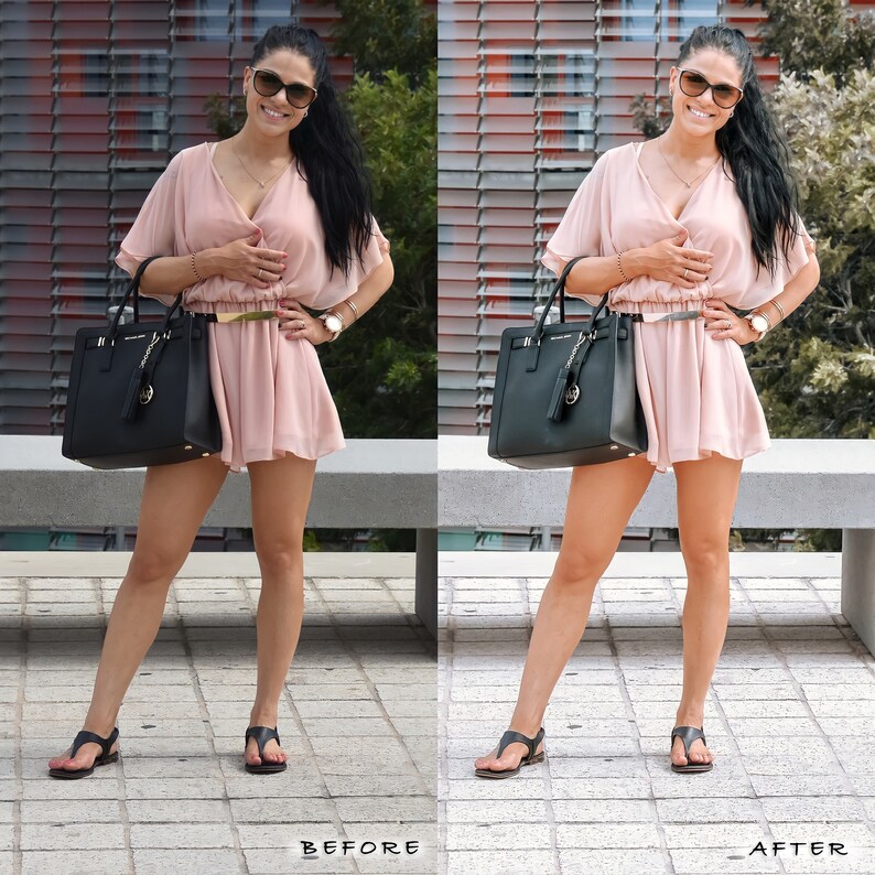 May include: A woman wearing a pink dress, sunglasses, and sandals is holding a black handbag. She is standing in front of a brick wall with a bench behind her.