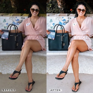 May include: A woman wearing a pink dress and sunglasses sits on a bench holding a black leather handbag. She is wearing black sandals and has a name tag on her chest.