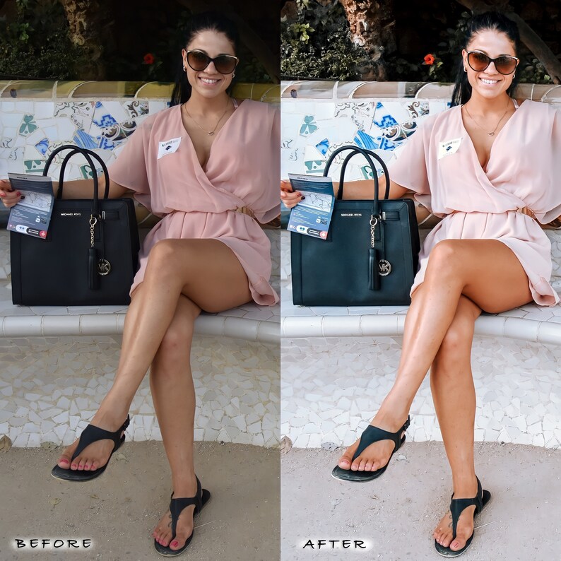 May include: A woman wearing a pink dress and sunglasses sits on a bench holding a black leather handbag. She is wearing black sandals and has a name tag on her chest.