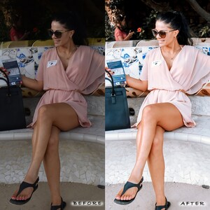 May include: A woman wearing a pink dress and sunglasses sits on a bench with a black bag. She is holding a brochure in her hand. The bench is made of white and blue tiles.
