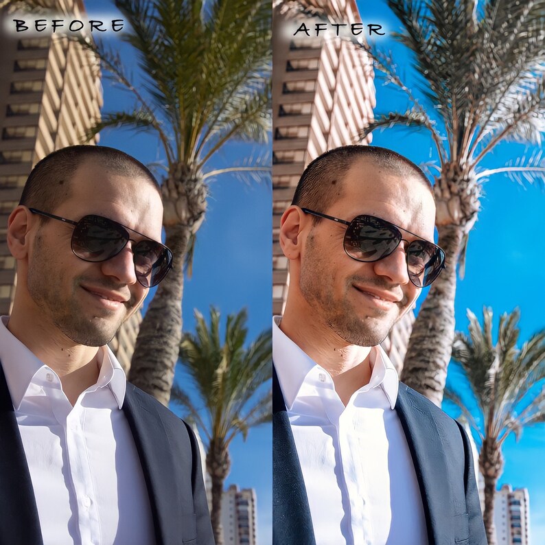 May include: A man wearing a white shirt and a dark blue blazer with a palm tree in the background. He is wearing sunglasses and has a slight smile on his face.