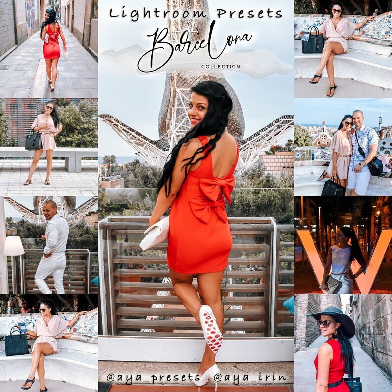 May include: A collage of photos featuring various people in different locations in Barcelona, Spain. The photos are edited with a warm, vibrant colour palette. The text "Lightroom Presets Barcelona Collection" is displayed at the top of the collage.