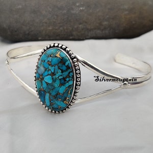 Blue Copper Turquoise Bangle* Oval Stone Bangle* 925 Sterling Silver Bangle*Handmade Bangle*Designer Bangle*Adjustable Bangle*Lovely Bangle*